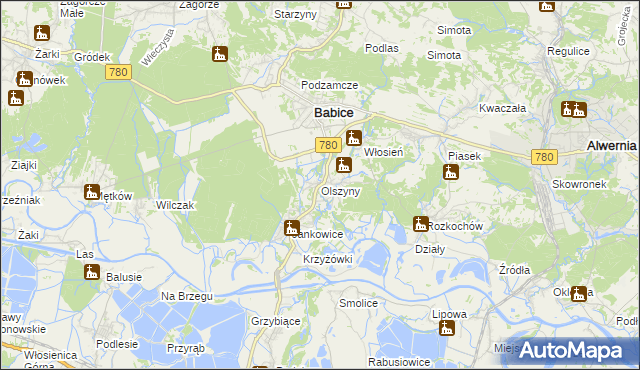 mapa Olszyny gmina Babice, Olszyny gmina Babice na mapie Targeo