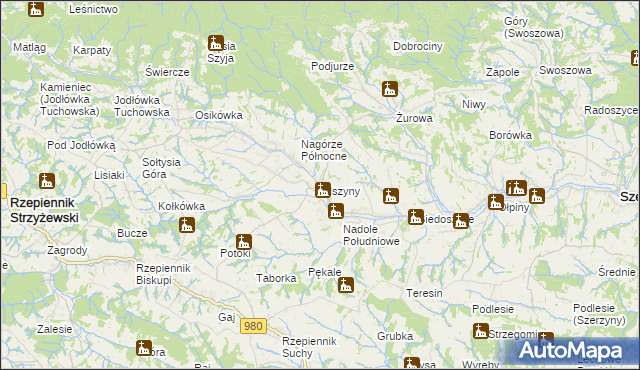 mapa Olszyny gmina Rzepiennik Strzyżewski, Olszyny gmina Rzepiennik Strzyżewski na mapie Targeo