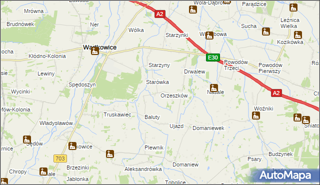 mapa Orzeszków gmina Wartkowice, Orzeszków gmina Wartkowice na mapie Targeo