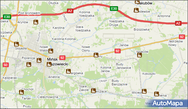 mapa Osiny gmina Mińsk Mazowiecki, Osiny gmina Mińsk Mazowiecki na mapie Targeo