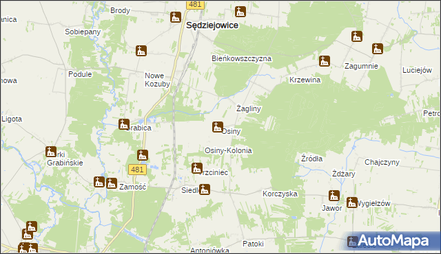 mapa Osiny gmina Sędziejowice, Osiny gmina Sędziejowice na mapie Targeo