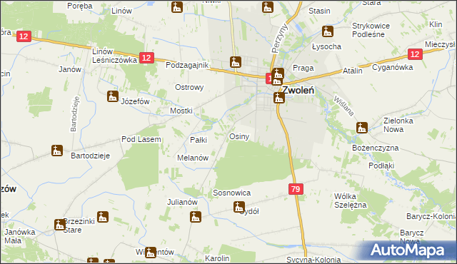 mapa Osiny gmina Zwoleń, Osiny gmina Zwoleń na mapie Targeo
