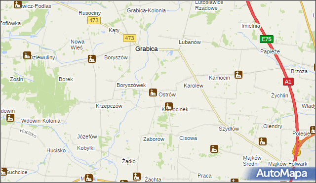 mapa Ostrów gmina Grabica, Ostrów gmina Grabica na mapie Targeo
