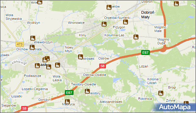 mapa Ostrów gmina Łask, Ostrów gmina Łask na mapie Targeo