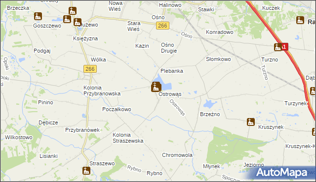mapa Ostrowąs gmina Aleksandrów Kujawski, Ostrowąs gmina Aleksandrów Kujawski na mapie Targeo