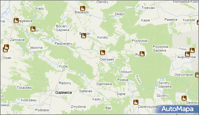 mapa Ostrówek gmina Galewice, Ostrówek gmina Galewice na mapie Targeo