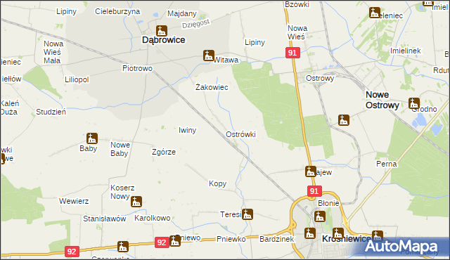 mapa Ostrówki gmina Dąbrowice, Ostrówki gmina Dąbrowice na mapie Targeo