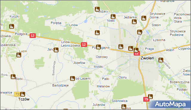 mapa Ostrowy gmina Zwoleń, Ostrowy gmina Zwoleń na mapie Targeo
