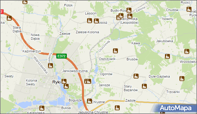 mapa Oszczywilk gmina Ryki, Oszczywilk gmina Ryki na mapie Targeo
