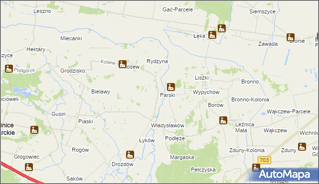 mapa Parski gmina Świnice Warckie, Parski gmina Świnice Warckie na mapie Targeo