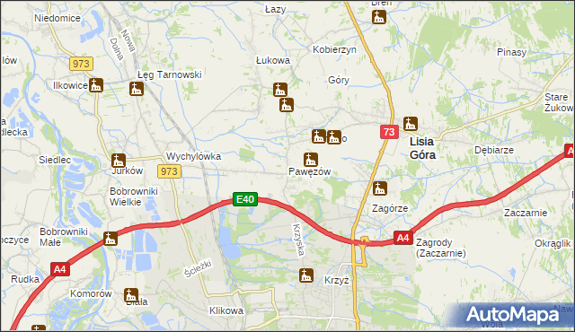 mapa Pawęzów gmina Lisia Góra, Pawęzów gmina Lisia Góra na mapie Targeo