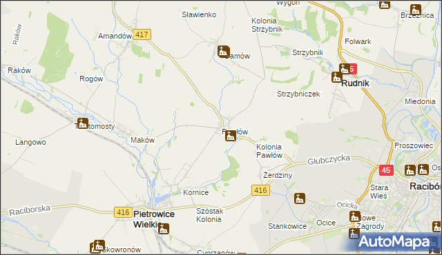 mapa Pawłów gmina Pietrowice Wielkie, Pawłów gmina Pietrowice Wielkie na mapie Targeo