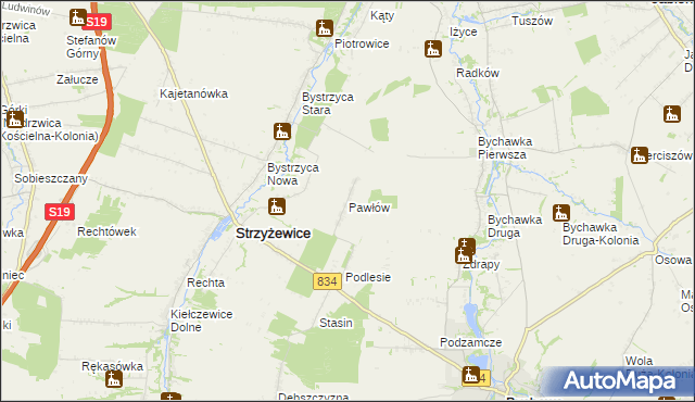 mapa Pawłów gmina Strzyżewice, Pawłów gmina Strzyżewice na mapie Targeo