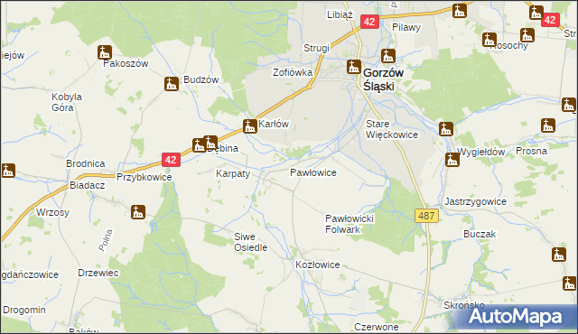 mapa Pawłowice gmina Gorzów Śląski, Pawłowice gmina Gorzów Śląski na mapie Targeo