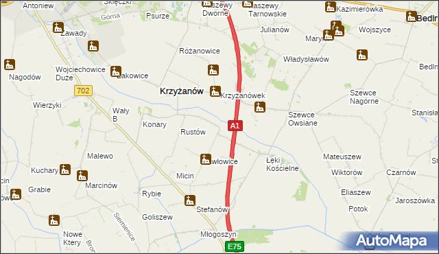 mapa Pawłowice gmina Krzyżanów, Pawłowice gmina Krzyżanów na mapie Targeo