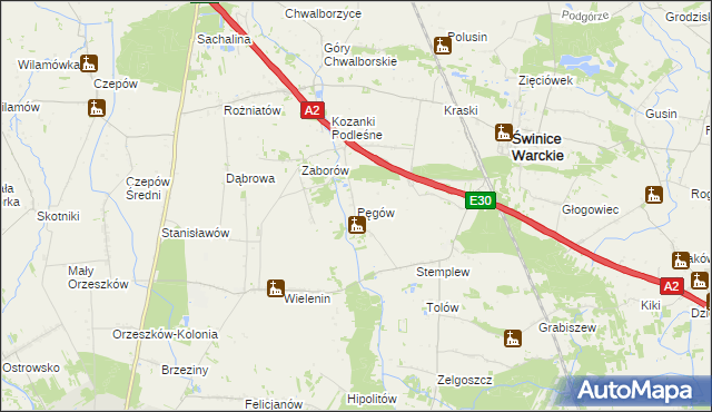 mapa Pęgów gmina Uniejów, Pęgów gmina Uniejów na mapie Targeo