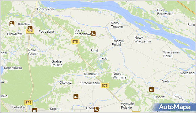 mapa Piaski gmina Gąbin, Piaski gmina Gąbin na mapie Targeo