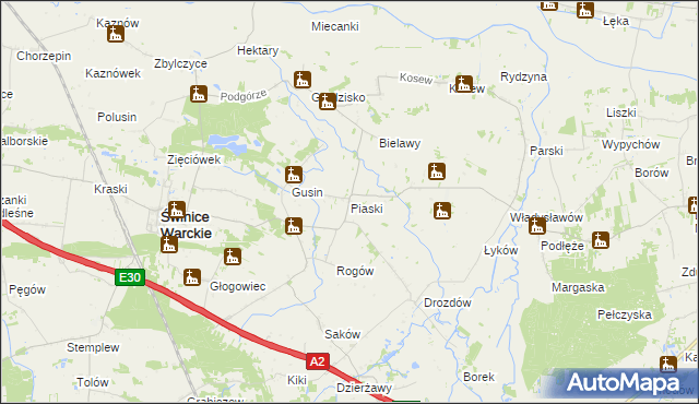 mapa Piaski gmina Świnice Warckie, Piaski gmina Świnice Warckie na mapie Targeo