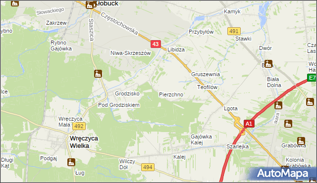 mapa Pierzchno gmina Wręczyca Wielka, Pierzchno gmina Wręczyca Wielka na mapie Targeo