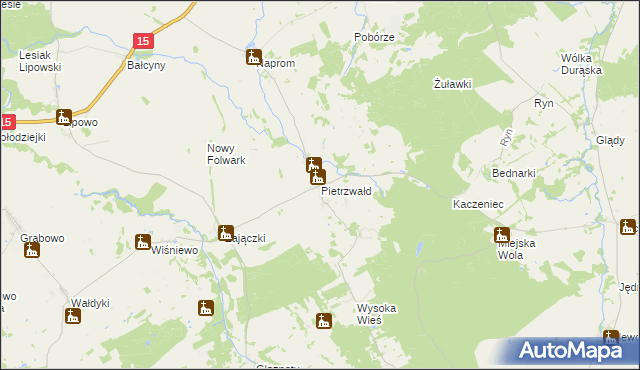 mapa Pietrzwałd gmina Ostróda, Pietrzwałd gmina Ostróda na mapie Targeo