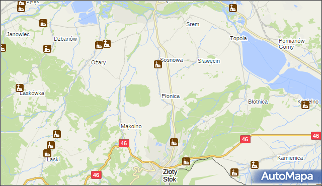 mapa Płonica gmina Złoty Stok, Płonica gmina Złoty Stok na mapie Targeo