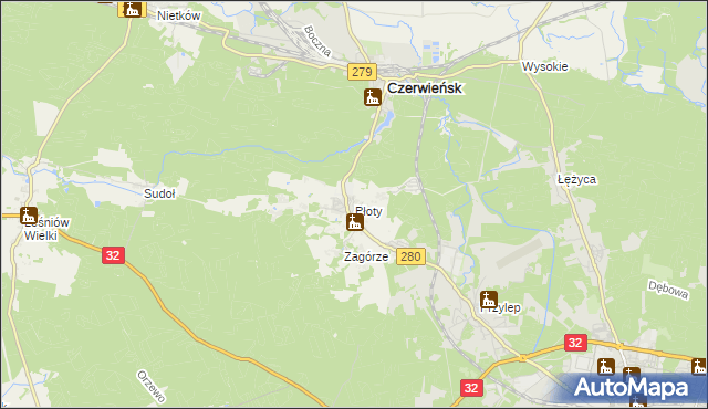 mapa Płoty gmina Czerwieńsk, Płoty gmina Czerwieńsk na mapie Targeo