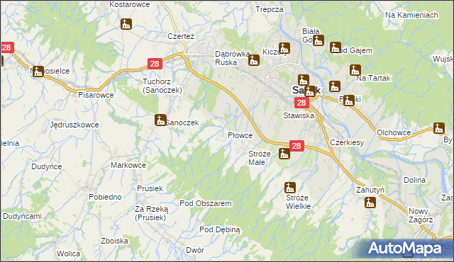 mapa Płowce gmina Sanok, Płowce gmina Sanok na mapie Targeo
