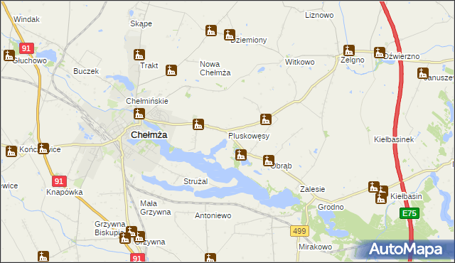 mapa Pluskowęsy gmina Chełmża, Pluskowęsy gmina Chełmża na mapie Targeo