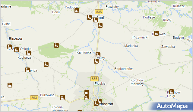 mapa Płusy gmina Księżpol, Płusy gmina Księżpol na mapie Targeo