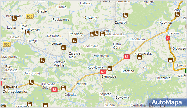 mapa Podchybie gmina Lanckorona, Podchybie gmina Lanckorona na mapie Targeo
