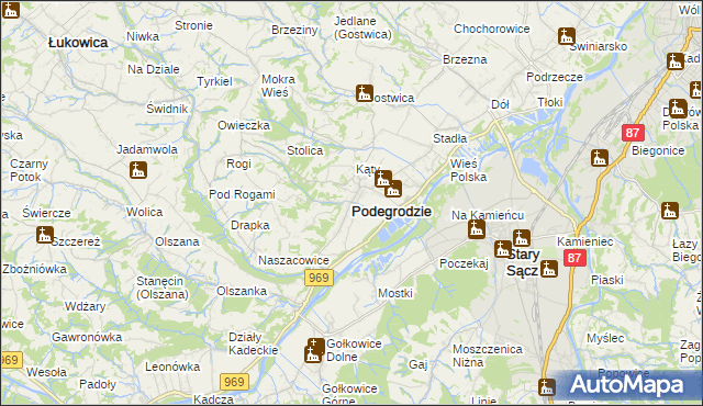 mapa Podegrodzie powiat nowosądecki, Podegrodzie powiat nowosądecki na mapie Targeo