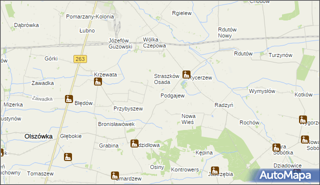mapa Podgajew gmina Kłodawa, Podgajew gmina Kłodawa na mapie Targeo