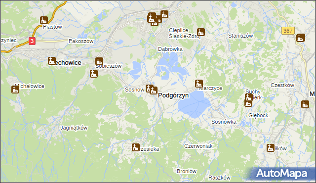 mapa Podgórzyn powiat jeleniogórski, Podgórzyn powiat jeleniogórski na mapie Targeo