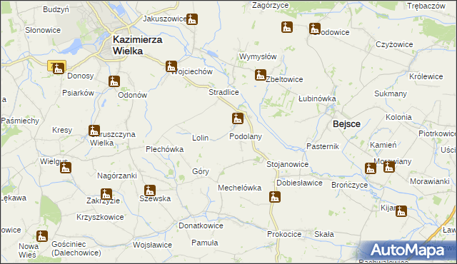 mapa Podolany gmina Kazimierza Wielka, Podolany gmina Kazimierza Wielka na mapie Targeo