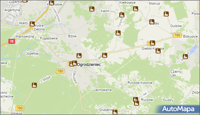 mapa Podzamcze gmina Ogrodzieniec, Podzamcze gmina Ogrodzieniec na mapie Targeo