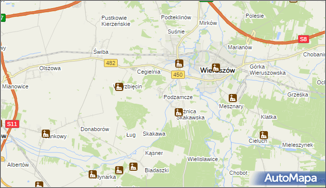 mapa Podzamcze gmina Wieruszów, Podzamcze gmina Wieruszów na mapie Targeo