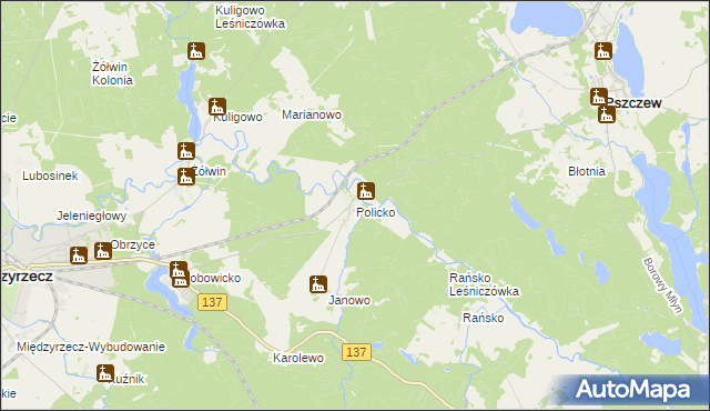 mapa Policko gmina Pszczew, Policko gmina Pszczew na mapie Targeo