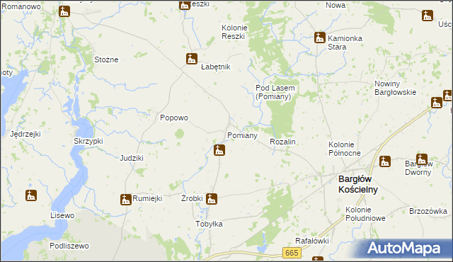 mapa Pomiany gmina Bargłów Kościelny, Pomiany gmina Bargłów Kościelny na mapie Targeo