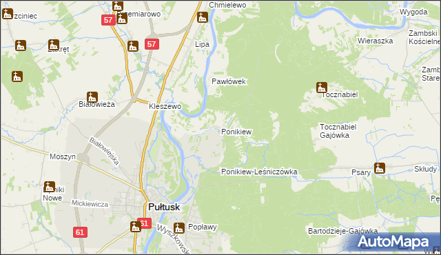 mapa Ponikiew gmina Pułtusk, Ponikiew gmina Pułtusk na mapie Targeo
