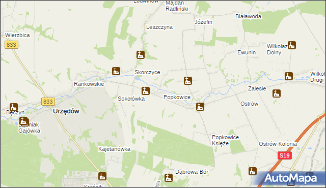mapa Popkowice gmina Urzędów, Popkowice gmina Urzędów na mapie Targeo