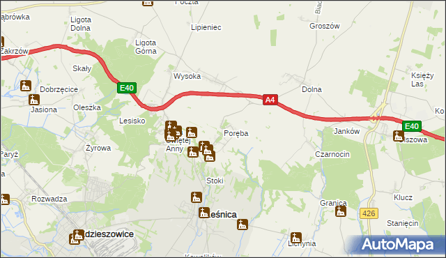 mapa Poręba gmina Leśnica, Poręba gmina Leśnica na mapie Targeo