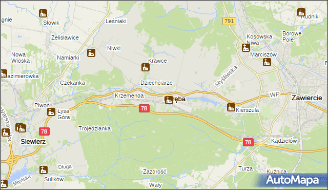 mapa Poręba powiat zawierciański, Poręba powiat zawierciański na mapie Targeo