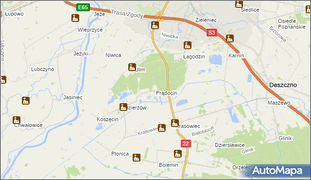 mapa Prądocin gmina Deszczno, Prądocin gmina Deszczno na mapie Targeo