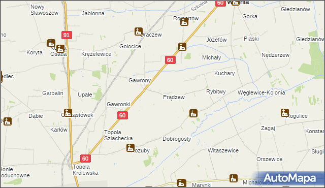 mapa Prądzew gmina Łęczyca, Prądzew gmina Łęczyca na mapie Targeo