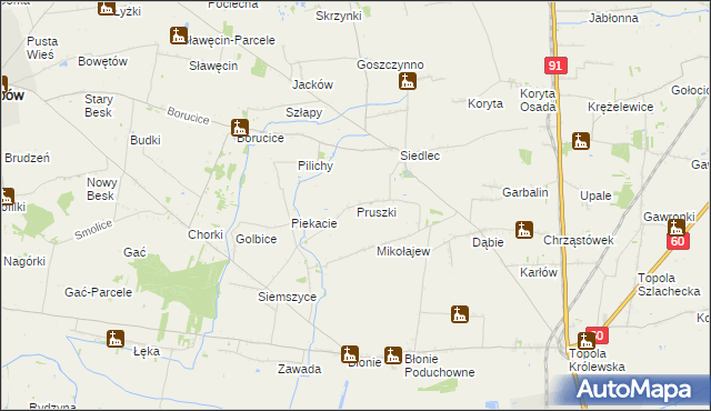 mapa Pruszki gmina Łęczyca, Pruszki gmina Łęczyca na mapie Targeo