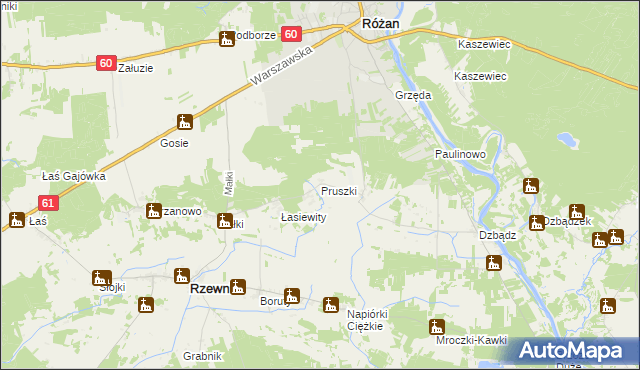 mapa Pruszki gmina Rzewnie, Pruszki gmina Rzewnie na mapie Targeo