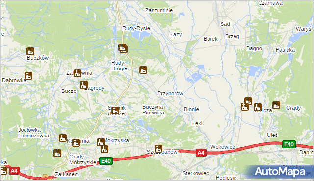 mapa Przyborów gmina Borzęcin, Przyborów gmina Borzęcin na mapie Targeo