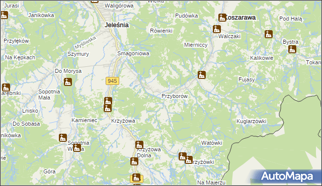 mapa Przyborów gmina Jeleśnia, Przyborów gmina Jeleśnia na mapie Targeo