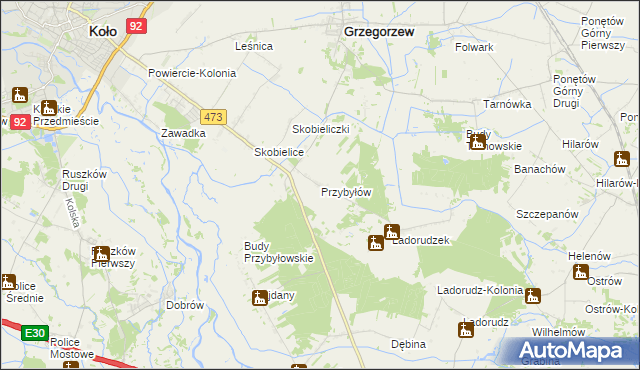 mapa Przybyłów gmina Koło, Przybyłów gmina Koło na mapie Targeo