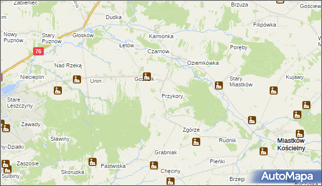 mapa Przykory gmina Miastków Kościelny, Przykory gmina Miastków Kościelny na mapie Targeo